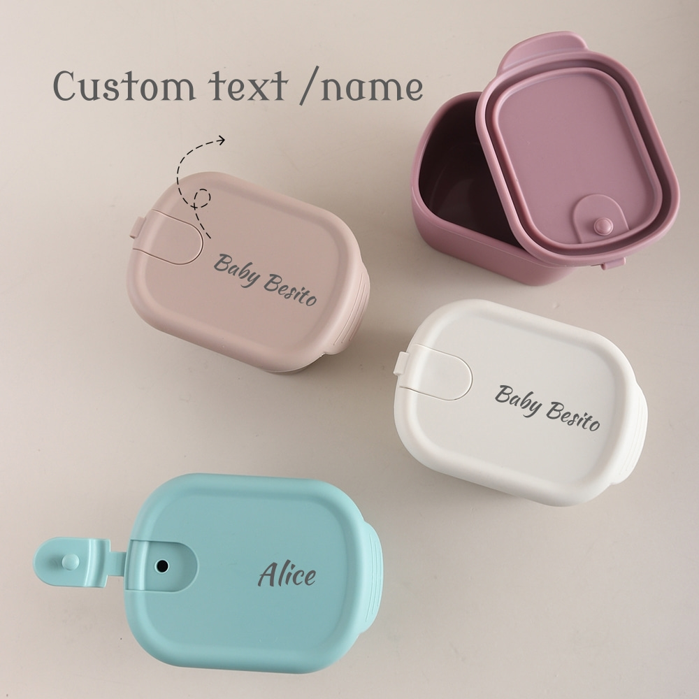 Food Snacks Name - カスタム名またはテキスト入り1個入り食品グレードシリコン製ベビーフード保存容器、300ml漏れ防止スナックボックス、弁当箱
