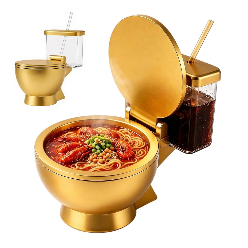 Food Snacks Drinks - トイレ型ラーメンボウルセット、内蔵ドリンクカップとストローデザイン、斬新なフードボウル、インスタントラーメンスープやスナック用 新品